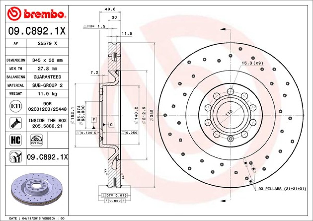 Bremsscheibe Brembo - XTRA gelocht beschichtet 09.C892.1X